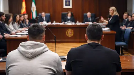 Acusados sentados en el banquillo en la Sala del Juzgado de Sevilla.