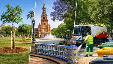 Operario limpiando y la Plaza de España con sus jardines.