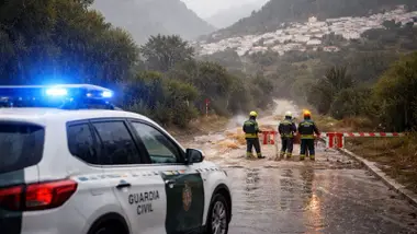 Coche de la Guardia Civil y agentes de bomberos en una carretera cortada, al fondo un pueblo.