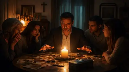 Médium en torno a una mesa con personas y una vela.