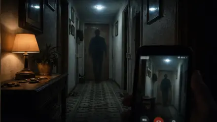 Pasillo donde se ve una sombra y una mano con un móvil captando en la pantalla la misma.