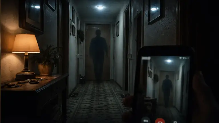 Pasillo donde se ve una sombra y una mano con un móvil captando en la pantalla la misma.