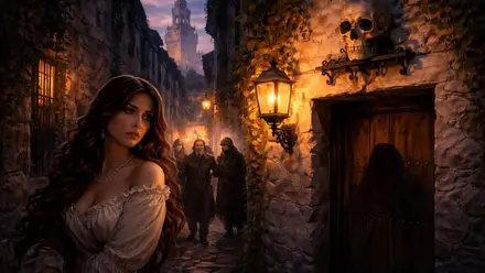 Una bella joven viendo como unos alguaciles detienen a su padre.