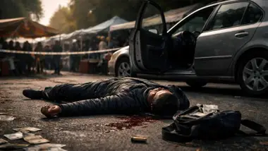 Hombre tendido en el suelo muerto y billetes junto a él y un casquillo de bala.