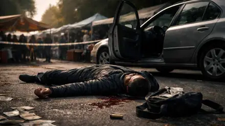 Hombre tendido en el suelo muerto y billetes junto a él y un casquillo de bala.