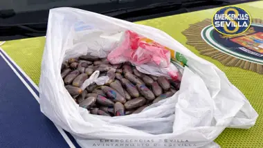 Bolsa blanca llena de bellotas de hachís.