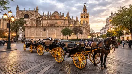 Coches de caballo en negro con ruedas amarillas junto a la Catedral y la Giralda.