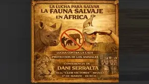 Cartel en tonos terrosos, con rinocerontes, de la conferencia de Dani Serralta.