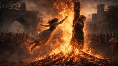 Momento en el que Leonor Dávalos se lanza a la hoguera.