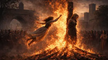 Momento en el que Leonor Dávalos se lanza a la hoguera.