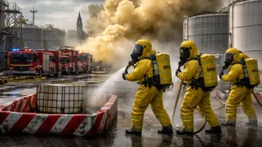 Bomberos vestidos de amarillo actuando sobre un escape de ácido nítrico.