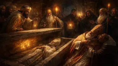 El rey musulmán de Sevilla mira el ataúd de San Isidoro de Sevilla.