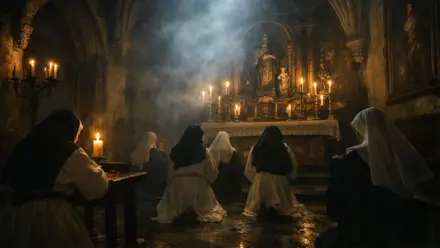 Grupo de monjas rezando de rodillas ante el altar mayor del convento de Santa Paula.