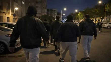 Grupo de hombres con pasamontañas patrullan su barrio contra los gorrillas en una calle de El Cerezo.