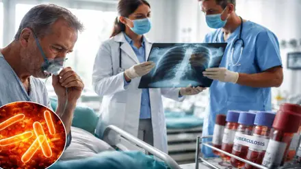 Médicos mirando la radiografía de un paciente con tuberculosis en un hospital.