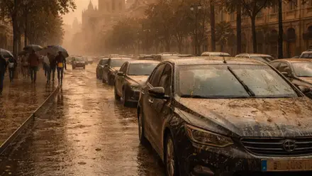 Coches en una avenida cubiertos de arena y barro.