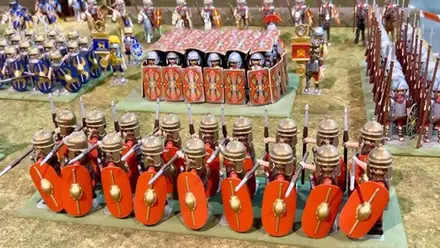 Formación de playmobil como legionarios del Imperio Romano.