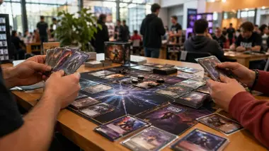 Jugadores jugando a un juego de rol con cartas.