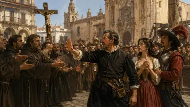 Momento en el que los frailes presionan al marido en plena ejecución pública.