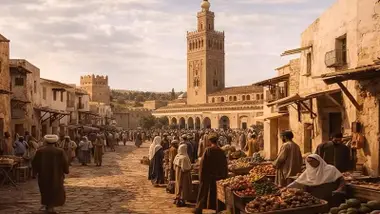 Alminar musulmán de Sevilla -en su época- en una calle transitada.