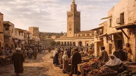 Alminar musulmán de Sevilla -en su época- en una calle transitada.