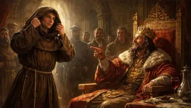 Pedro I rie a carcajadas señañando con su dedo a un lego que se descubre la cabeza.