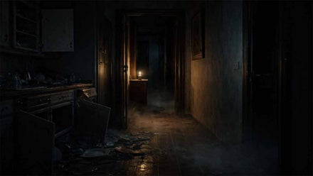 Pasillo oscuro con una vela iluminando débilmente una zona.