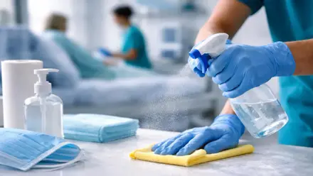 Persona limpiando una superficie y desinfectando.