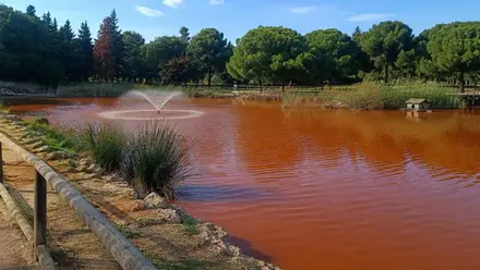 Laguna artificial con agua rojiza en Sevilla Este.