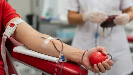 Persona donando sangre, sostiene en la mano una pelota roja.