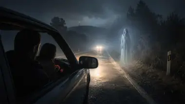 Ser etéreo sorprendiendo a un conductor desde el margen de la carretera.