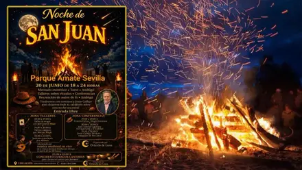 Hoguera de la Noche de San Juan y cartel con las actividades en el Parque Amate.