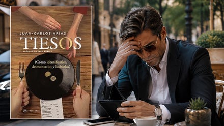 Portada del libro "Tiesos" y un hombre que vive de las apariencias.