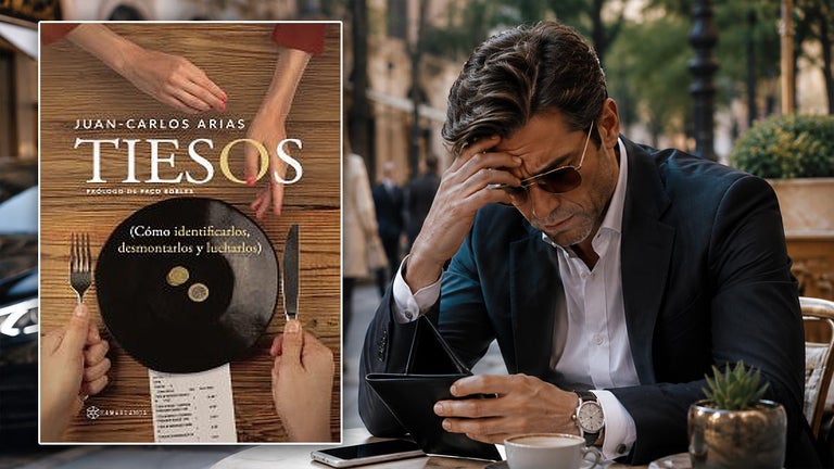 Portada del libro "Tiesos" y un hombre que vive de las apariencias.