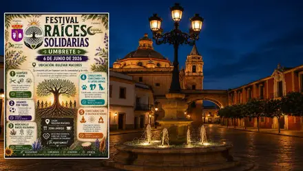 Vista nocturna de Umbrete y a la izquierda el cartel del festival "Raíces Solidarias".