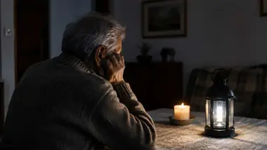 Anciano iluminado con velas y apoyado sobre su mano.