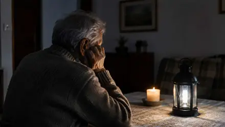 Anciano iluminado con velas y apoyado sobre su mano.