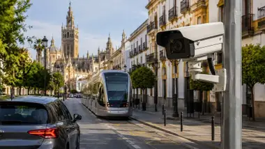 Montaje en el que aparece el tranvibús, un automóvil y una cámara en primer término.