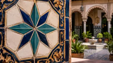Azulejo sevillano formando una estrella de ocho puntas.