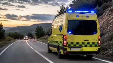 Carretera con una ambulancia con las luces azules encendidas.