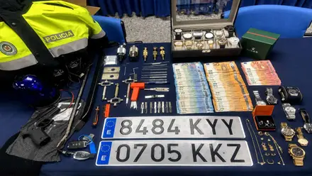 Dinero, herramienta, placas de matrícula incautadas por la Policía de Sevilla.