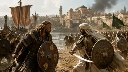 Tropas vikingas contra tropas musulmanas en la llamada Batalla de Tablada cerca de Sevilla.