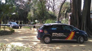 Coches de la Policía Nacional en el lugar del crimen en el Parque de María Luisa.