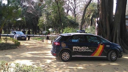 Coches de la Policía Nacional en el lugar del crimen en el Parque de María Luisa.