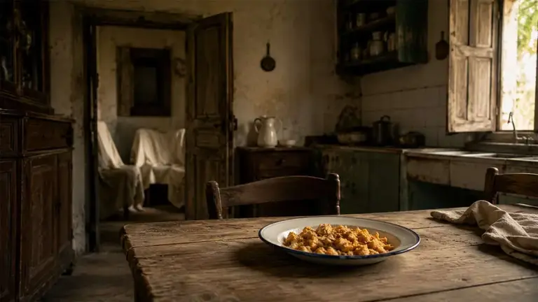 Viejo cocina con un plato de migas en la mesa.