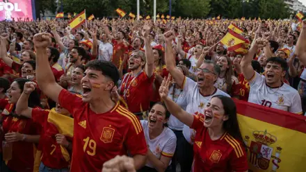 Muchos aficionados reunidos en FIBES cantando el gol de España.