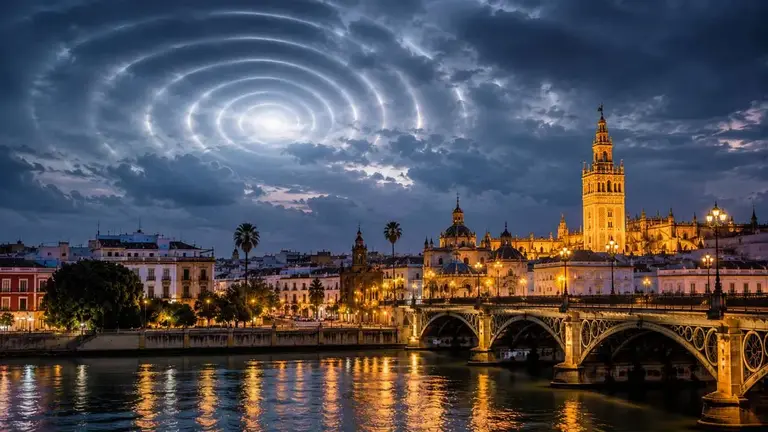 El río y la Giralda y surgiendo del cielo la onda acústica del "hum".