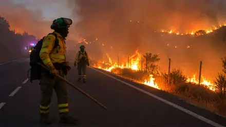 Efectivos de bomberos tratando de contener el incendio forestal.