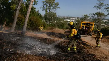 Bomberos con una manga extinguiendo el incendio de Camas.