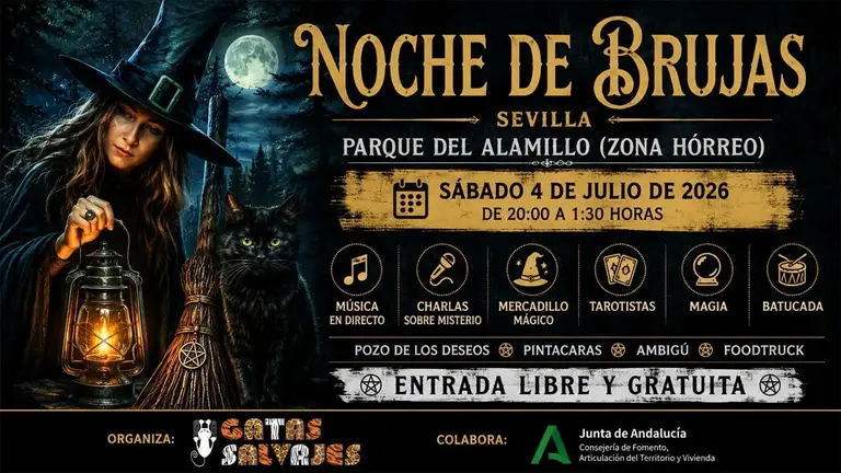 Una bruja y un gato negro y las actividades de la "Noche de Brujas".